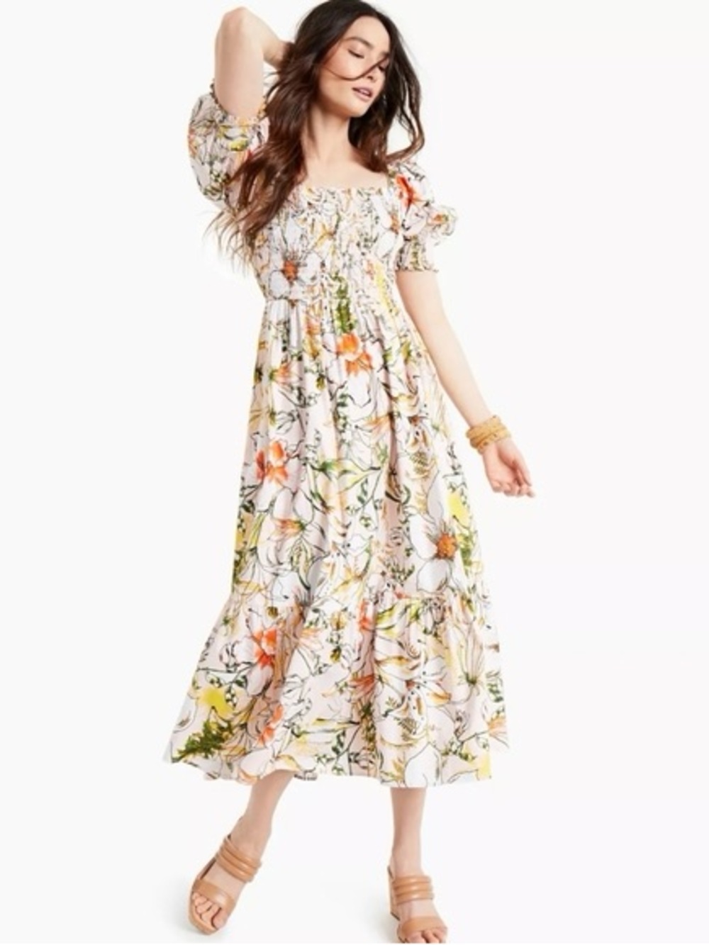 INC International Concepts floral puff sleeve midi dress sz S